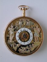Abb. 10: Goldene Spindeltaschenuhr mit Viertelstundenrepetition, Jaquemarts und erotischem Automaten, Frankreich / Schweiz, um 1820